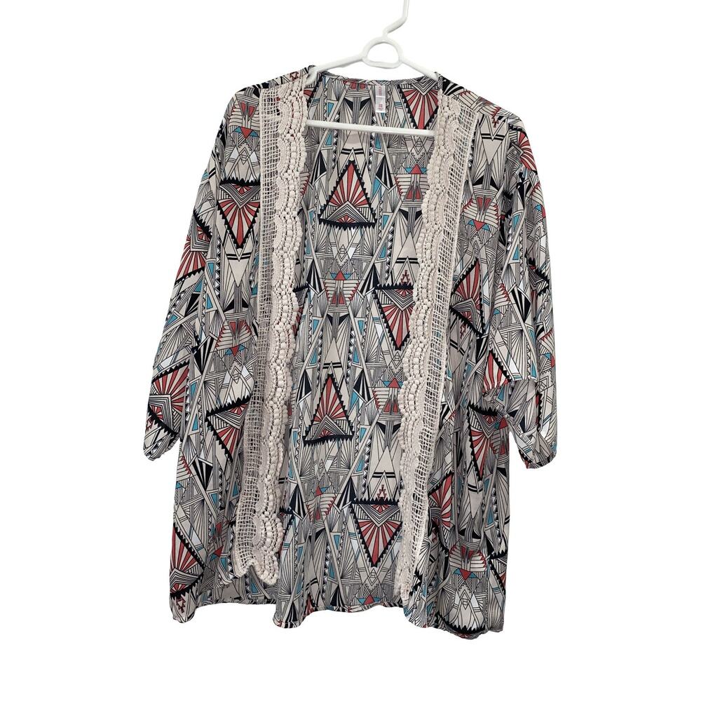 Xhilaration Geometric Tribal Open Front Cardigan Small Medium Lace Trim Gray